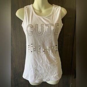 White Tank Top 95%Cotoon with Studded 'CUTE' Design size L strech like new